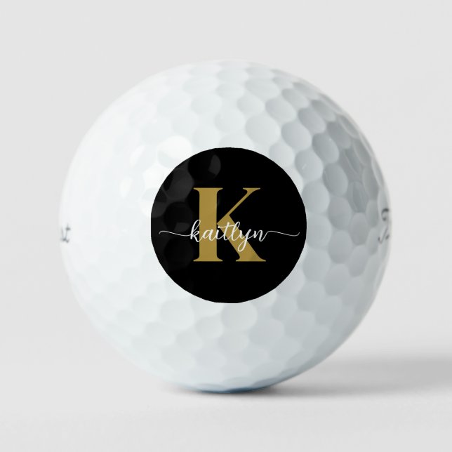 Black Gold Script Monogram Golfball (Vorderseite)