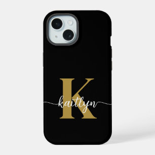 Black Gold Script Monogram iPhone 15 Hülle