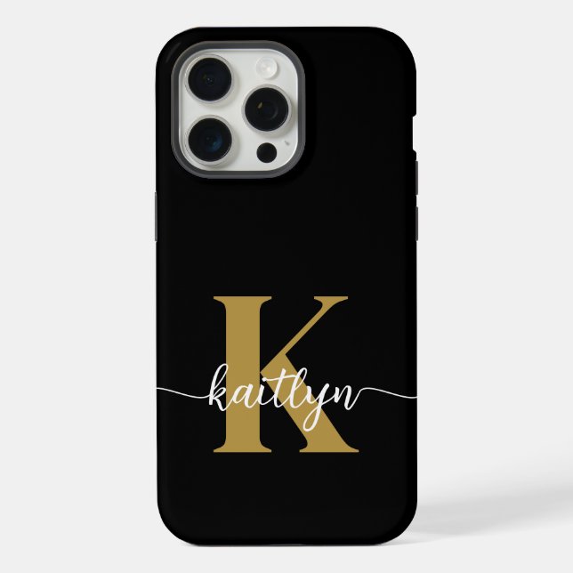 Black Gold Script Monogram iPhone 15 Pro Max Hülle (Rückseite)