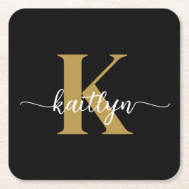 Black Gold Script Monogram Rechteckiger Pappuntersetzer