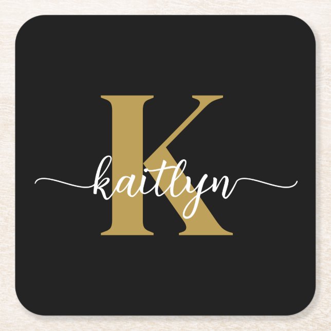 Black Gold Script Monogram Rechteckiger Pappuntersetzer (Vorderseite)