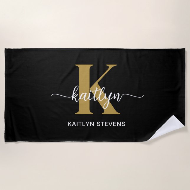 Black Gold Script Monogram Strandtuch (Vorderseite)