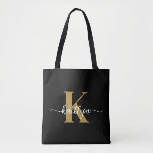 Black Gold Script Monogram Tasche