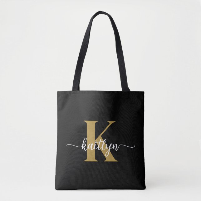 Black Gold Script Monogram Tasche (Vorderseite)
