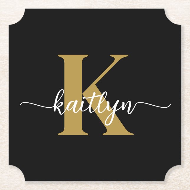 Black Gold Script Monogram Untersetzer (Vorderseite)
