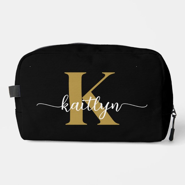 Black Gold Script Monogram Waschbeutel (Vorderseite)