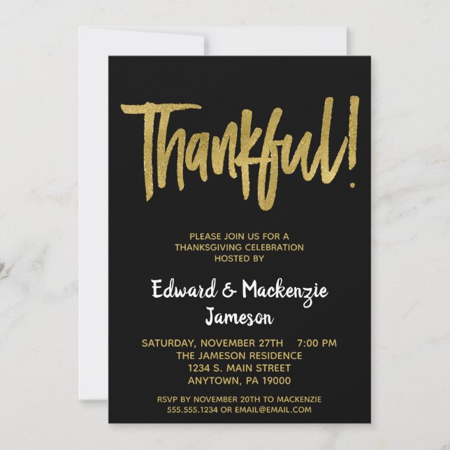Black Gold Script Thanksgiving Invitation (Devant)