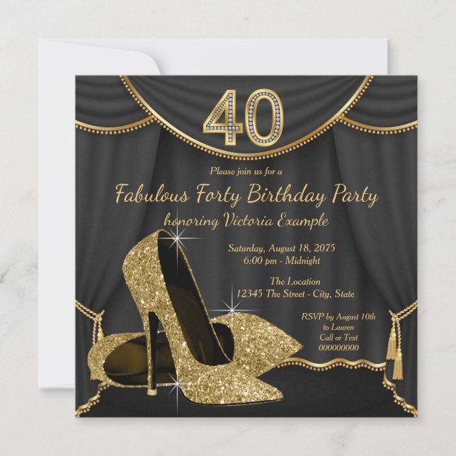 Black Gold Shoe Fabulous 40. Geburtstag Party Einladung (Vorderseite)