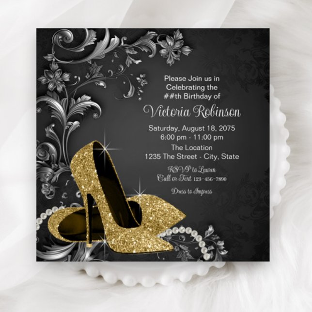 Black Gold Shoe Frauen Geburtstagsparty Einladung (Black gold high heels and pearls any number birthday and event invitation. Simply add your details.)
