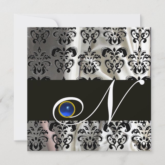 BLACK GOLD SILK DAMASK MONOGRAM BLUE SAPPHIRE EINLADUNG (Vorderseite)