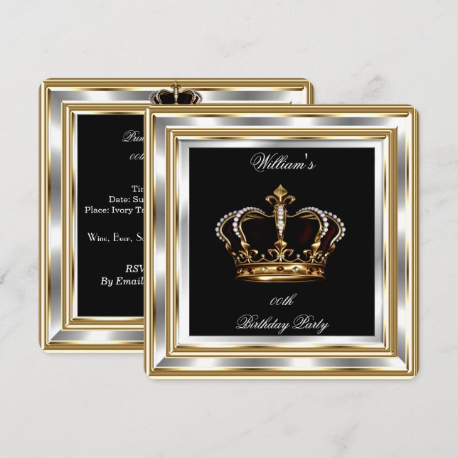 Black Gold Silver Birthday Prince King 2 Einladung (Vorne/Hinten)