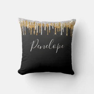 Black Gold Silver Glitzer Tropfen Elegantes Monogr Kissen