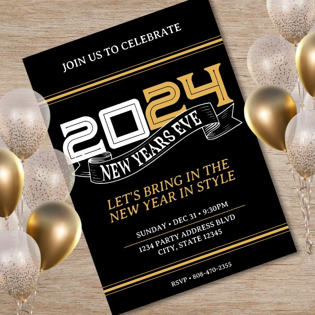 Black & Gold Silvester Party Banner 2024 Einladung (Black & Gold New Years Eve Party Banner 2024 Invitation)