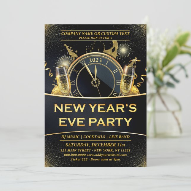 Black Gold Silvester Party Einladung (Stehend Vorderseite)