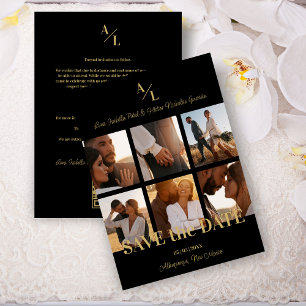 Black & Gold Simple Classic 6 Multi-Fotos Collage Save The Date