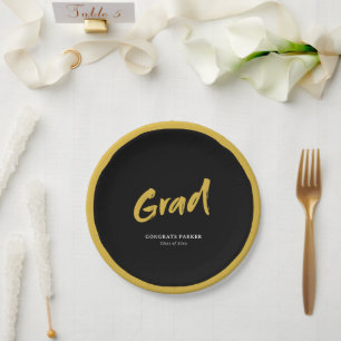 Black & Gold Simple Modern Brush Script Abschluss Pappteller