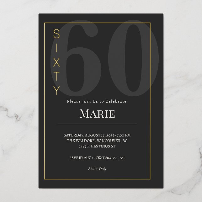 Black & Gold Sixty/60th Birthday Celebration Folieneinladung (Vorderseite)