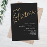 Black Gold Skript Luxus Sweet 16 Einladung<br><div class="desc">Eine moderne süße 16 Einladung. Klassischer schwarzer Hintergrund und das Wort Sechzehn mit großen Buchstaben in Imitat Gold geschrieben. Personalisieren und fügen Sie einen Namen und Party-Details hinzu. Weißer Text.</div>