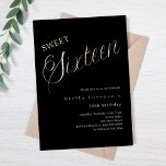 Black Gold Skript Luxus Sweet 16 Folieneinladung<br><div class="desc">Eine moderne süße 16 Einladung. Klassischer schwarzer Hintergrund und das Wort Sechzehn mit großen Buchstaben in Imitat Gold geschrieben. Personalisieren und fügen Sie einen Namen und Party-Details hinzu. Weißer Text.</div>