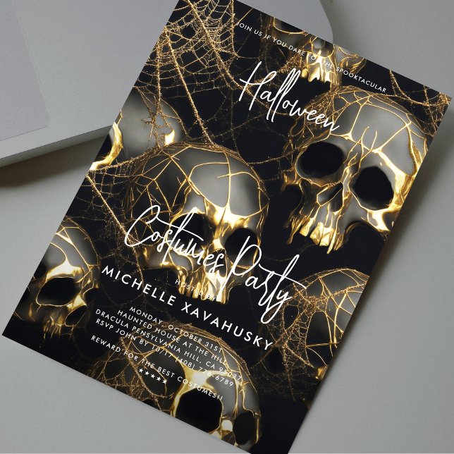Black Gold Skull Adult Halloween-Party Modernes Einladung (Black Gold Skull Adult Halloween Party Modern Invitation
)