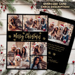 Black Gold Snowflake 5 Foto Collage Weihnachten<br><div class="desc">Modern Simple Elegant Calligraphy Black and Gold Snowflake 5 Foto Collage Frohe Weihnachts Script Holiday Card. BITTE BEACHTEN SIE, DIESE 6, 5" X 8, 75" GRÖSSENKARTEN SIND GRÖSSER ALS DER DURCHSCHNITT, WEGEN DER GRÖSSEREN KARTENGRÖSSE IST ES FAST SICHER, DASS DIE POSTENKOSTEN HÖHERER SIND. WENN SIE DIE STANDARD-12x18"-GRÖSSE VORHEBEN, KÖNNEN SIE...</div>