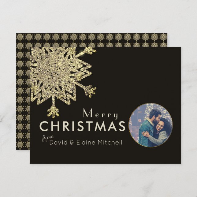 Black & Gold Snowflake Foto | Frohe Weihnachten (Vorne/Hinten)