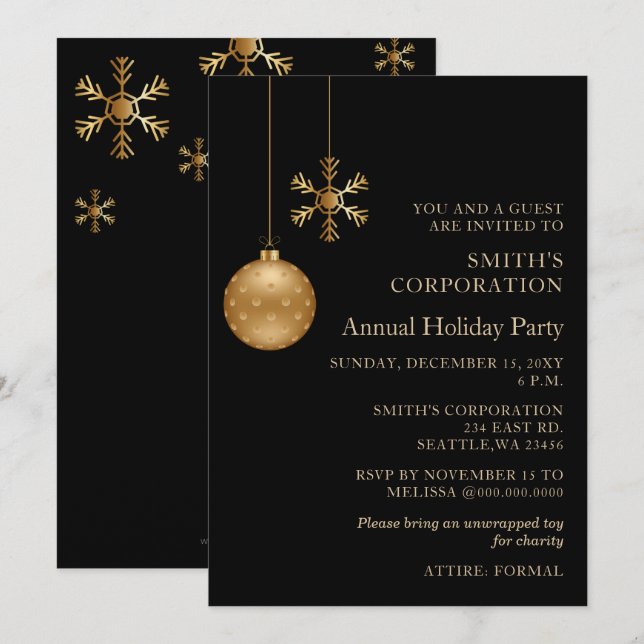 Black Gold Snowflakes Corporate Holiday Party Einladung (Vorne/Hinten)