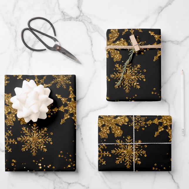 Black & Gold Snowflakes Stars Frohe Weihnachten Geschenkpapier Set (Vorderseite)