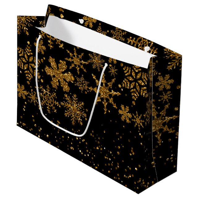 Black & Gold Snowflakes Stars Frohe Weihnachten Große Geschenktüte (Vorderseite Schrägansicht)