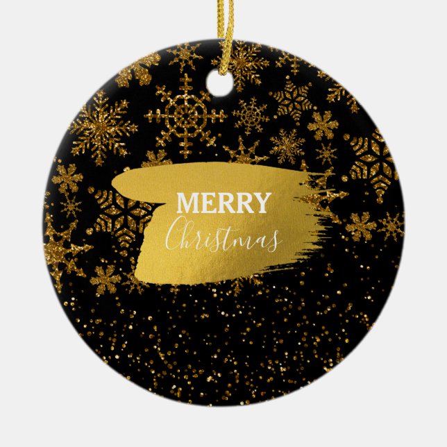 Black & Gold Snowflakes Stars Frohe Weihnachten Keramik Ornament (Vorne)