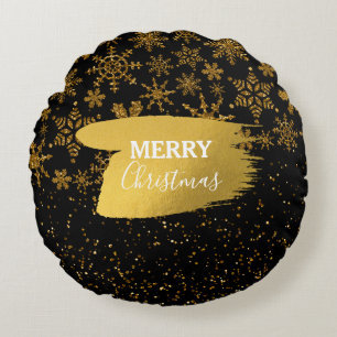 Black & Gold Snowflakes Stars Frohe Weihnachten Rundes Kissen