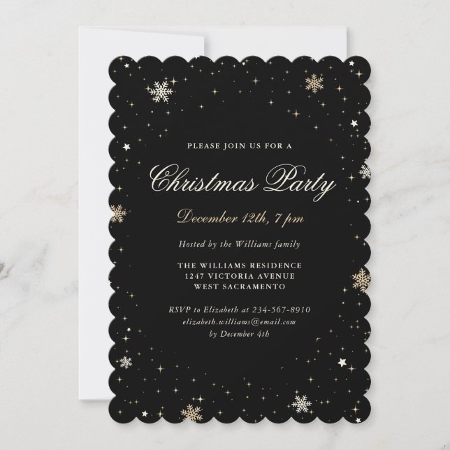 Black Gold Snowflakes Stars Weihnachts-Party Einladung (Vorderseite)