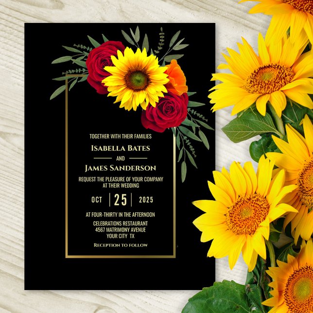 Black Gold Sonnenblumen Burgund Rose Hochzeit Einladung (Von Creator hochgeladen)