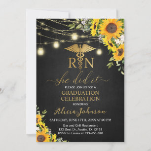 Black Gold Sonnenblumen RN Nursing School Abschlus Einladung