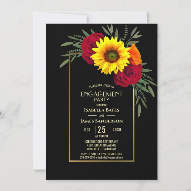 Black Gold Sonnenblumen Rose Engagement Party Einladung (Vorderseite)