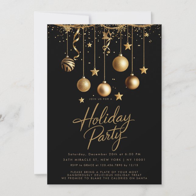 Black Gold Sparkle Ornamente Weihnachts-Party Einladung (Vorderseite)
