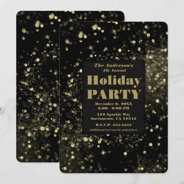 Black & Gold Sparkling Lights Glam Holiday Party Einladung (Vorne/Hinten)