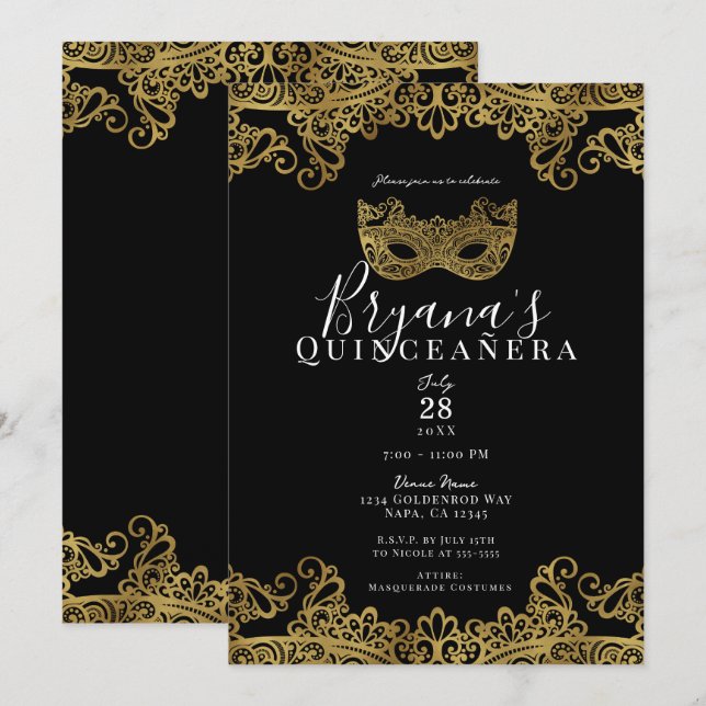 Black & Gold Spitzen Masquerade 15. Quinceañera Einladung (Vorne/Hinten)