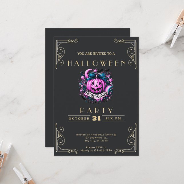 Black & Gold Spooky-Jahreszeit Halloween Einladung (Vorderseite/Rückseite Beispiel)