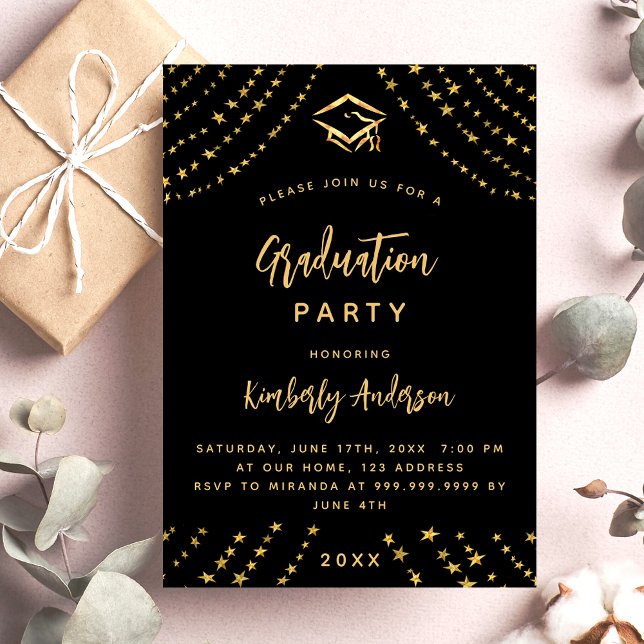 Black Gold Stars Graduierungsparty im modernen Jah Einladungspostkarte (Von Creator hochgeladen)