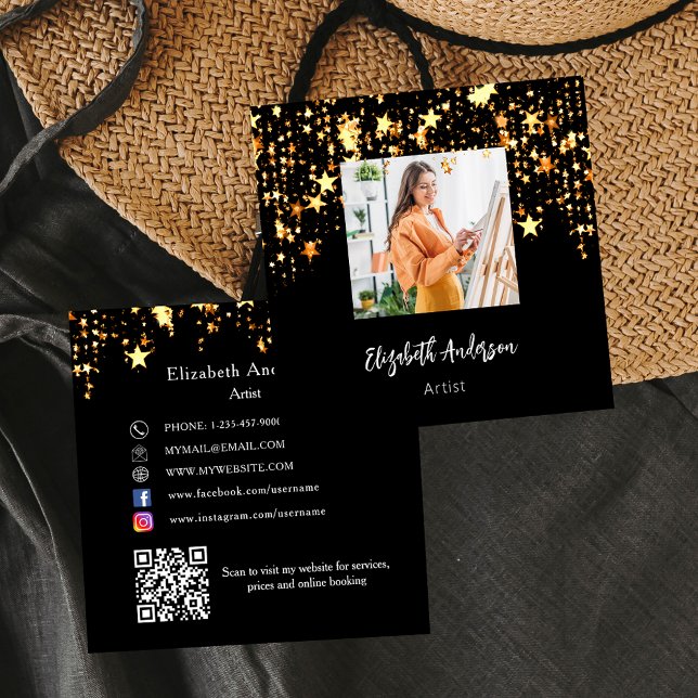 Black Gold Stars QR Code Social Media Foto Quadratische Visitenkarte (Von Creator hochgeladen)