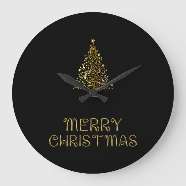 Black Gold Stars Weihnachtsbaum Elegante Weitblick Große Wanduhr (Vorderseite)
