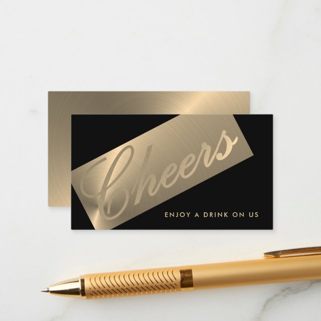 Black & Gold Stilschrift "Cheers" Drink Ticket Begleitkarte (Vorderseite/Rückseite Beispiel)