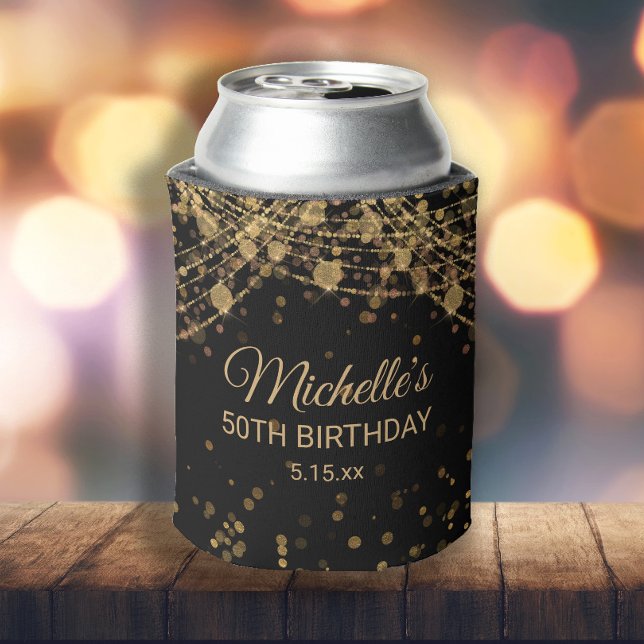 Black Gold String Lights Glitzer Erwachsene Geburt Dosenkühler (Black and gold glitter custom birthday party can cooler/koozie. Personalized with name, age, date)