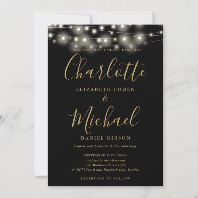 Black Gold String Lights Script Foto Wedding Einladung (Vorderseite)