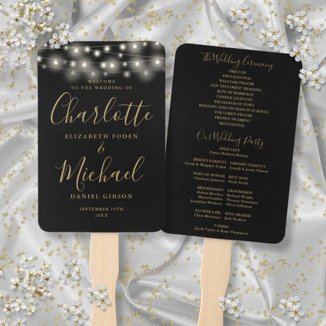 Black Gold String Lights Skript Wedding Programm Fächer (Black Gold String Lights Script Wedding Program Hand Fan)
