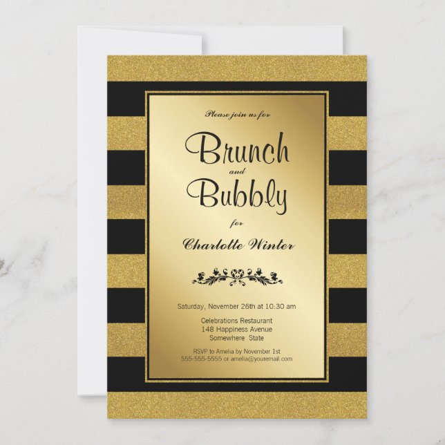 Black Gold Strip Brunch & Bubbly Einladung (Vorderseite)