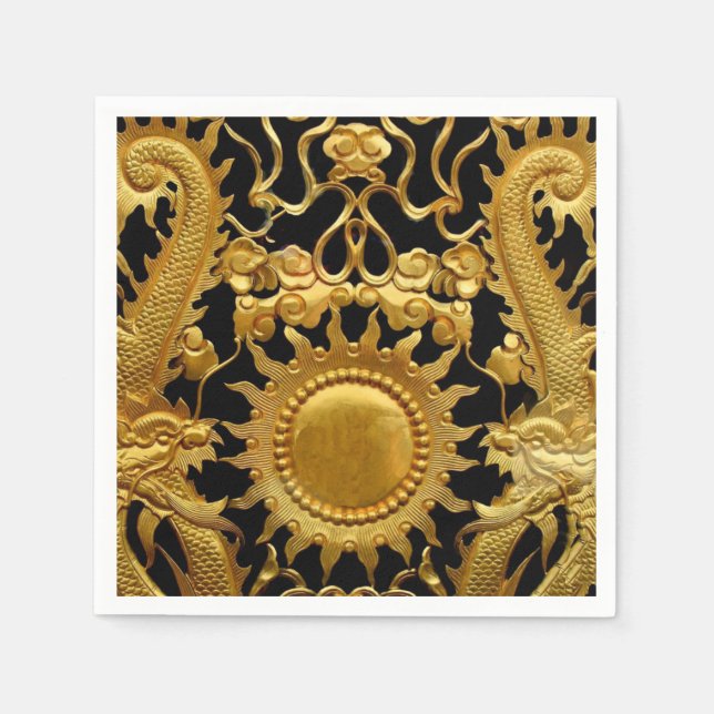 Black Gold Sun Asian Dragons Papier Napkins Serviette (Vorderseite)