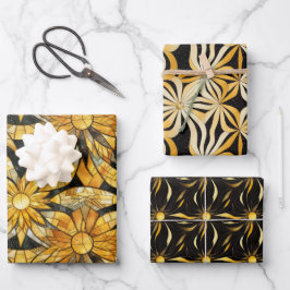 Black & Gold Sunburst Wrapping Paper Flat Set 3 Geschenkpapier Set