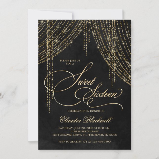Black Gold Sweet 16 Einladung (Vorderseite)